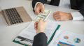Businessman get dollar money bribery in office. corruption concepts.
