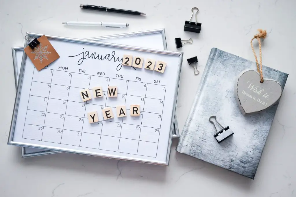 Calendar flat lay. Planning for the new year 2023.