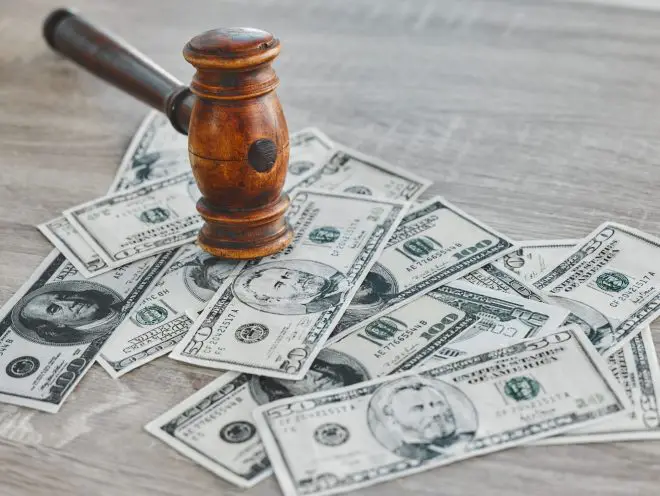 Gavel, money and legal, bribery or fraud with payment deal, criminal or justice in corruption. Back