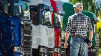 Truck Driver Inspecting Fleet of Colorful Trucks at Transportation Yard