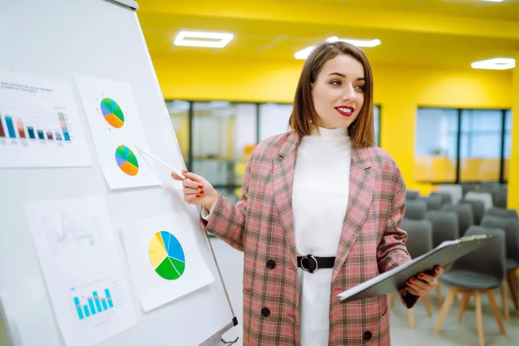 Young woman leader, presenter, make a business presentation at a conference in the office.